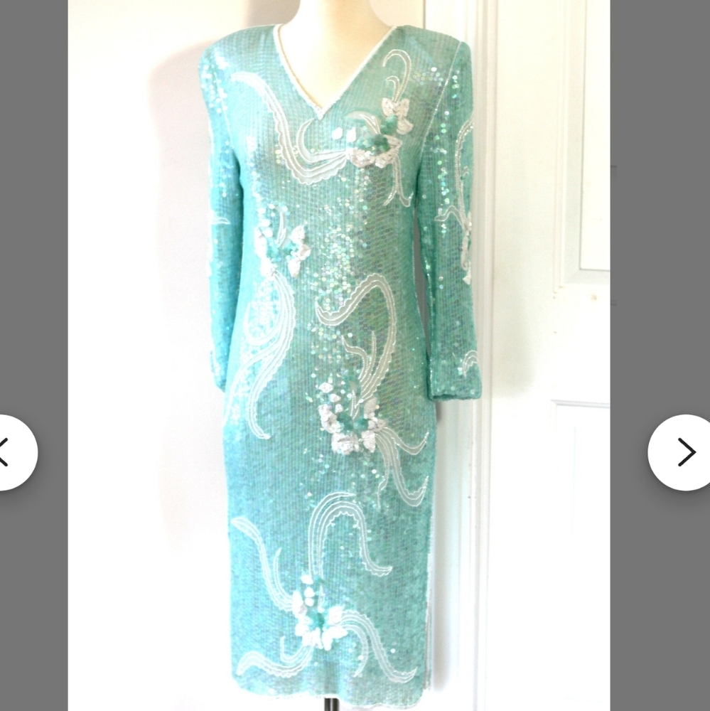 Scala Vintage Breaded Silk Flapper Dress In Aqua Size Medium - Picture 2 of 8